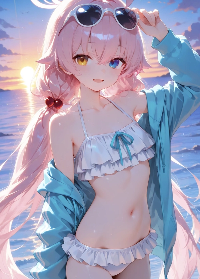 Ảnh gái anime mặc bikini với nước biển phía sau