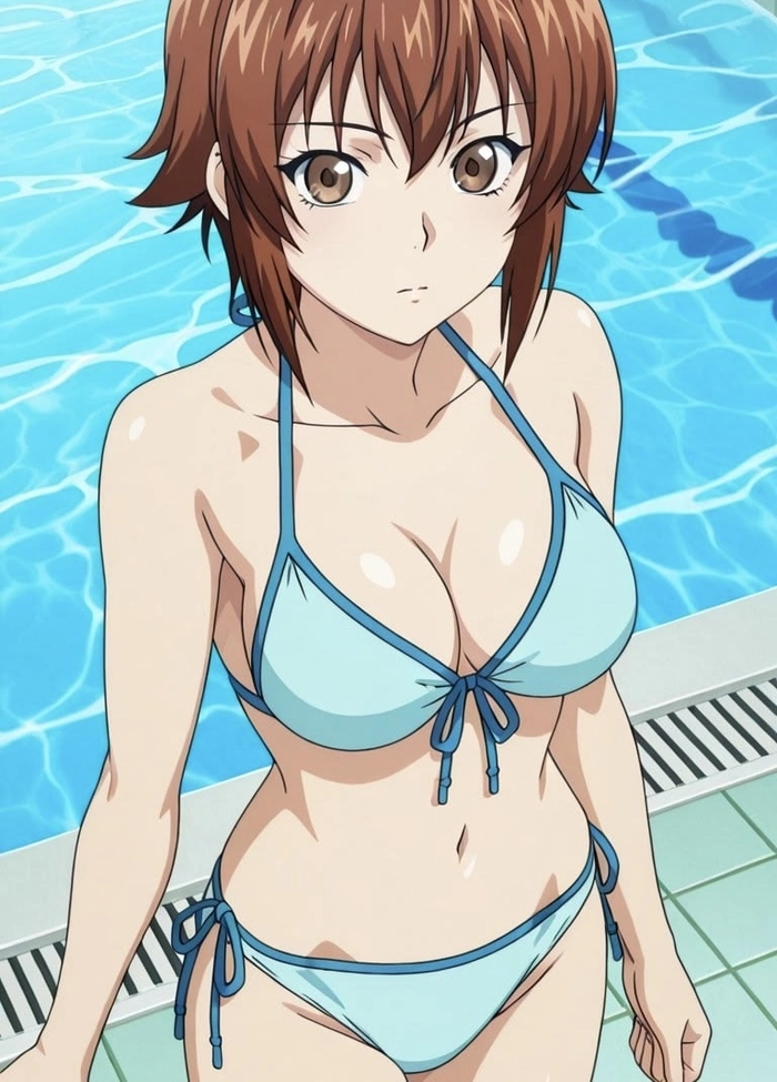 Bức ảnh gái anime mặc bikini đứng một mình ngoài trời