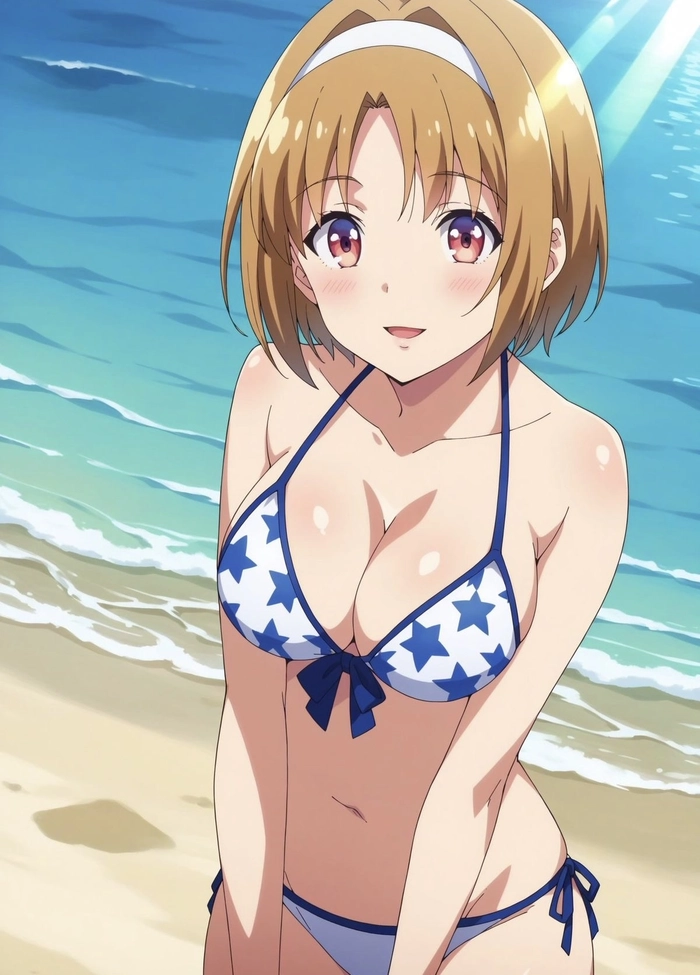 Dáng gái anime mặc bikini đứng cạnh bãi biển