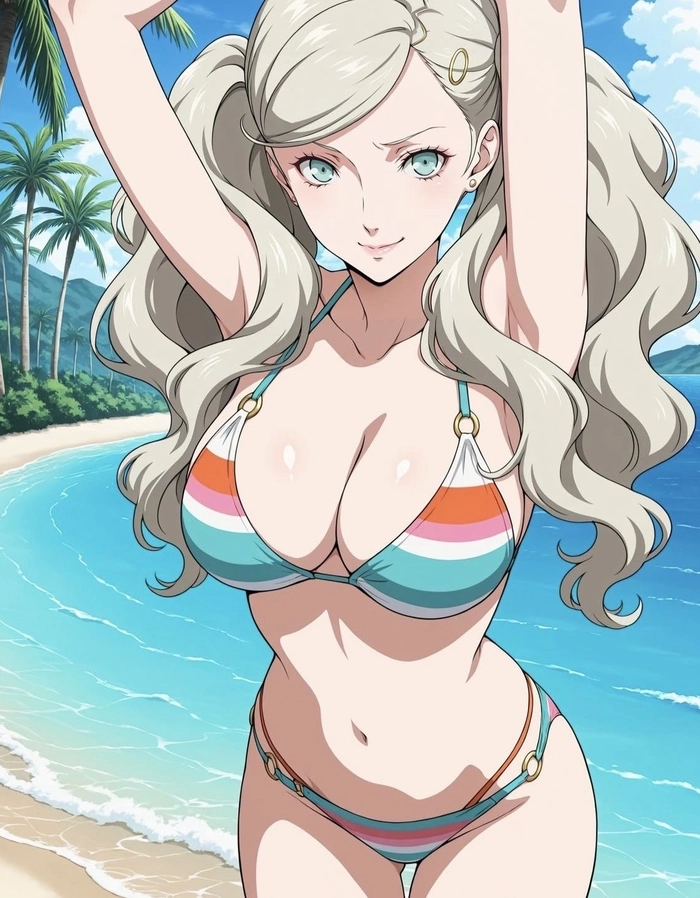 Dáng gái anime mặc bikini đứng gần bờ biển
