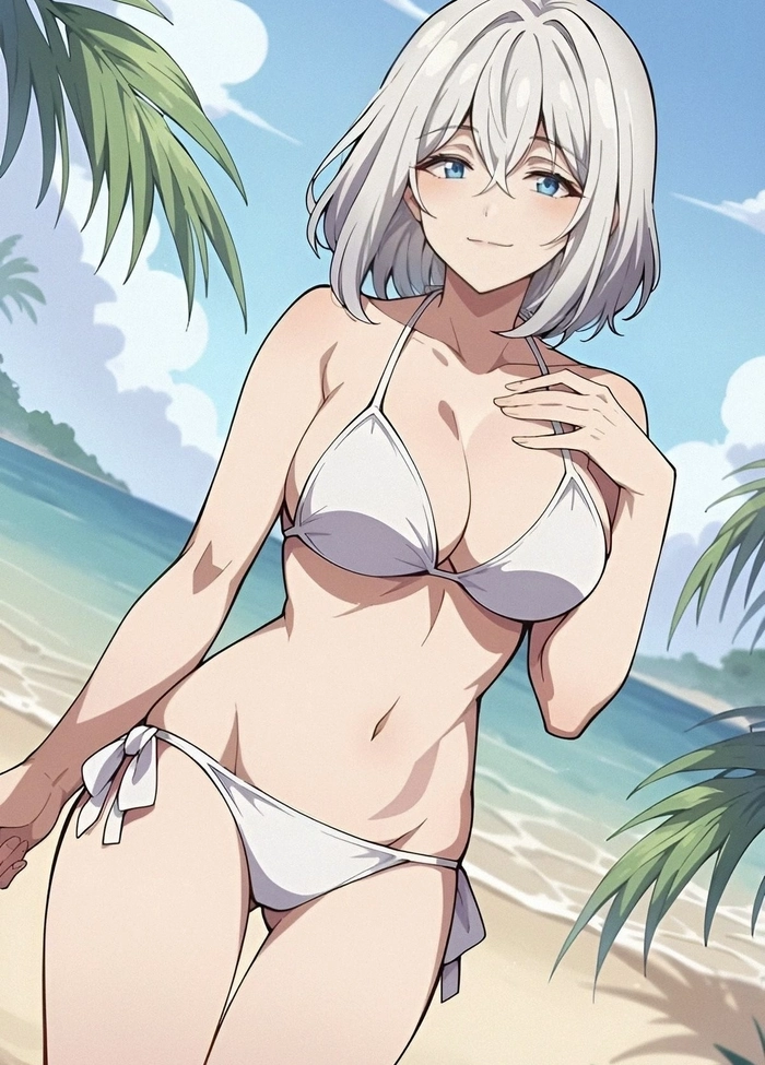 Dáng gái anime mặc bikini đứng giữa bãi biển