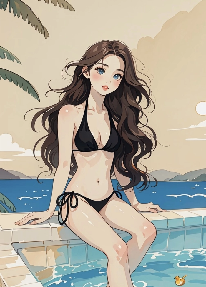 Góc nhìn gái anime mặc bikini với ánh sáng nhẹ
