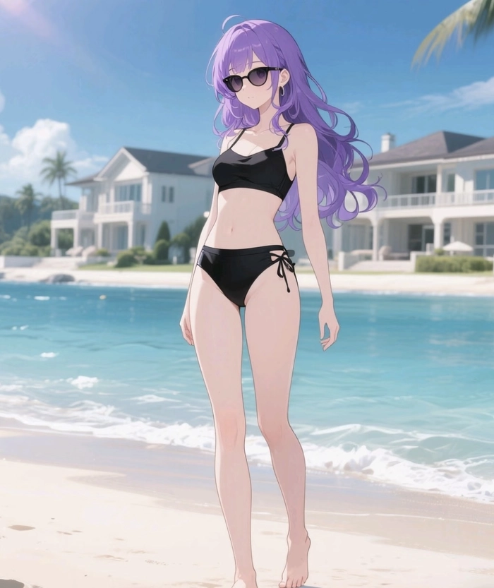 Góc nhìn gái anime mặc bikini với nền biển xanh