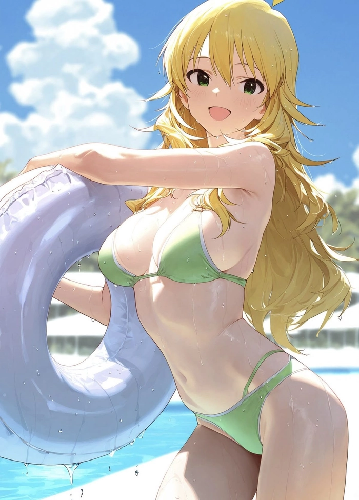 Góc nhìn gái anime mặc bikini với nền cát trắng