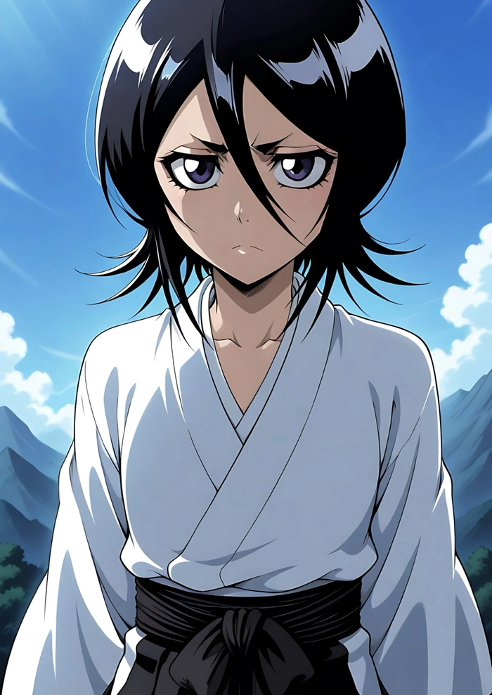 Hình Kuchiki Rukia tạo dáng đơn giản trước nền sáng