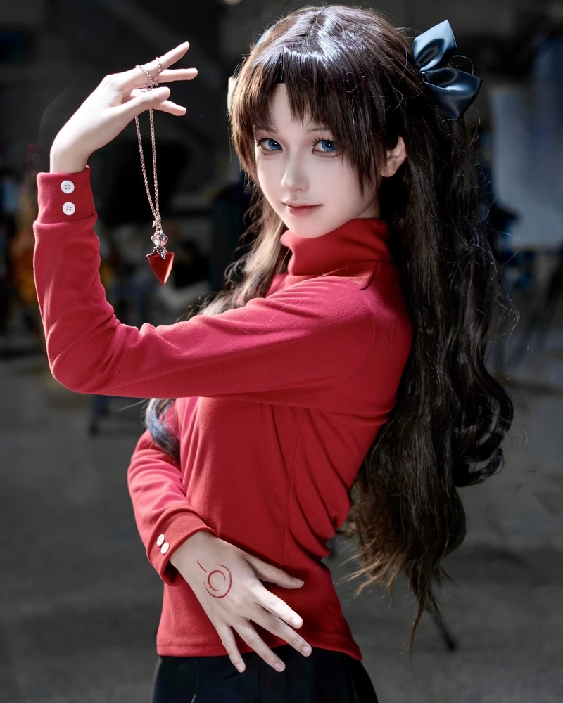 Hình Rin Tohsaka cosplay trang phục đỏ đặc