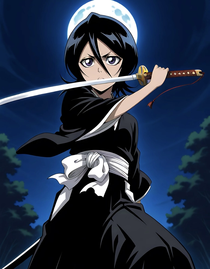 Hình ảnh Kuchiki Rukia nhìn thẳng với biểu cảm bình tĩnh