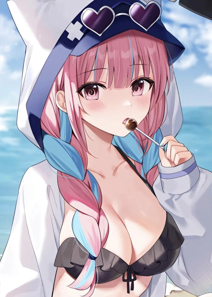 Hình gái anime mặc bikini đứng trên bãi biển