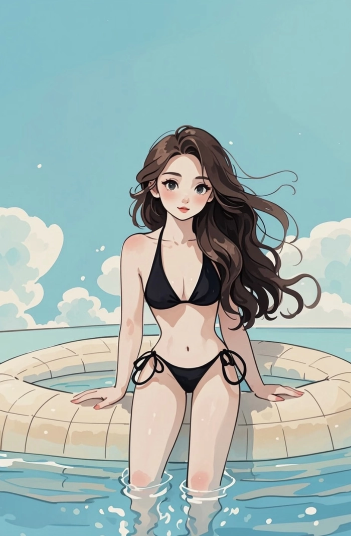 Hình gái anime mặc bikini với màu sắc rõ ràng