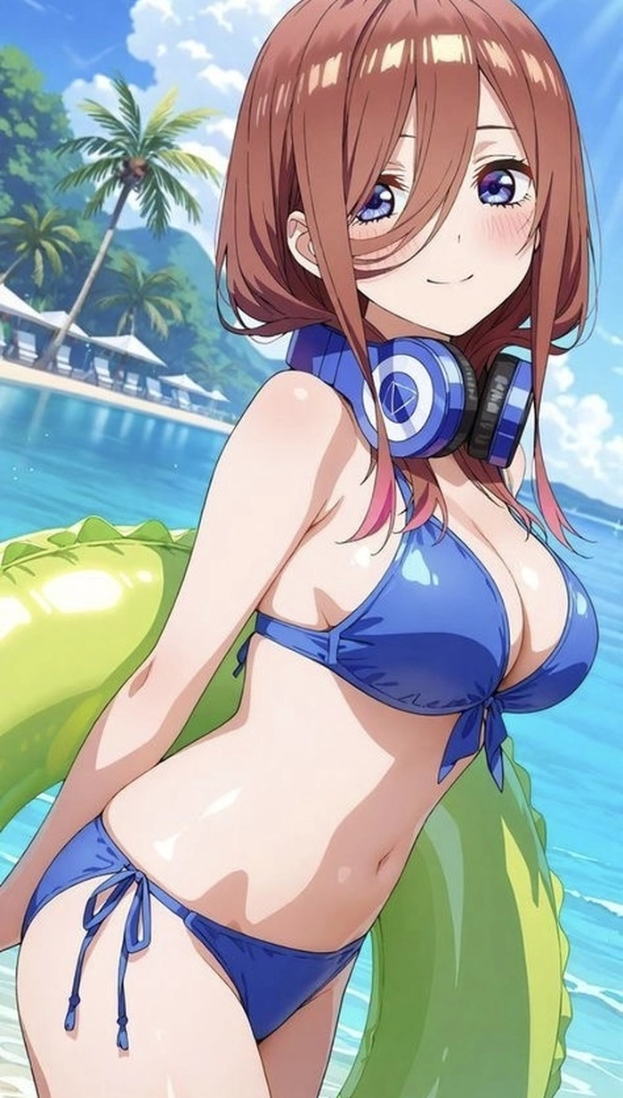 Khoảnh khắc gái anime mặc bikini với nền biển xanh
