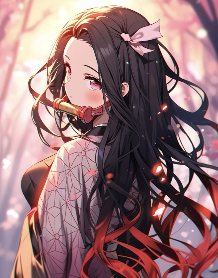 Ảnh anime Nezuko đứng ngoài trời ánh sáng rõ