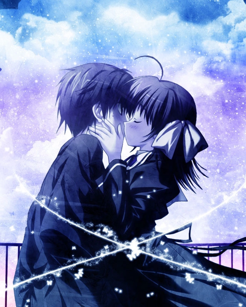 Ảnh anime hôn nhau với ánh mắt trao nhau đầy tình ý
