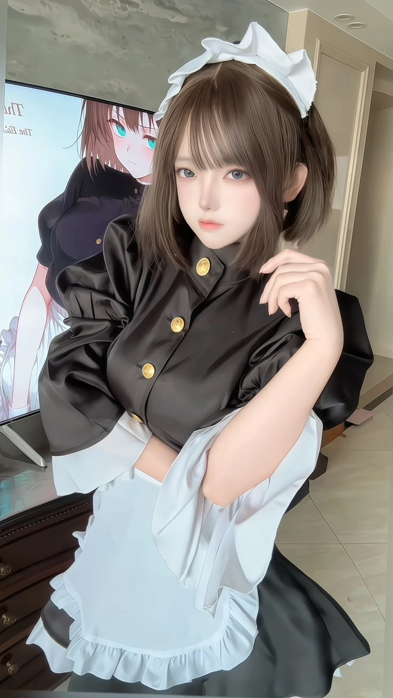Ảnh cosplay hầu gái phong cách dễ thương với váy ren trắng đen