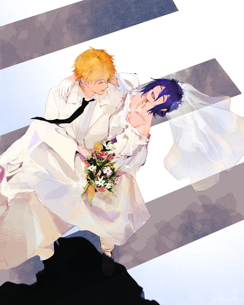 Ảnh cưới anime với ánh nhìn trìu mến ngọt ngào