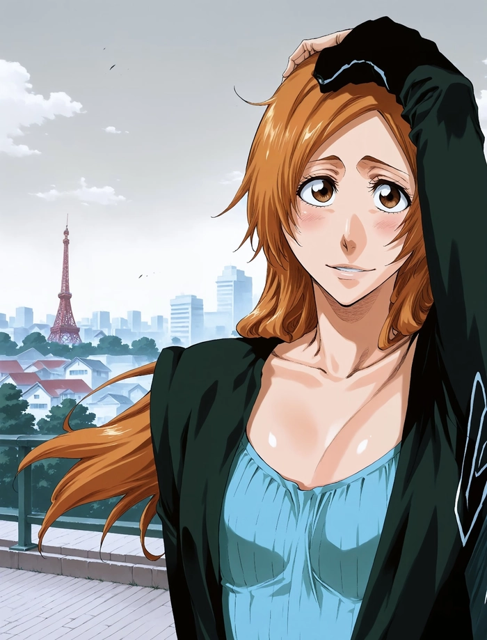 Bức hình Inoue Orihime đứng trước nền sáng đơn giản
