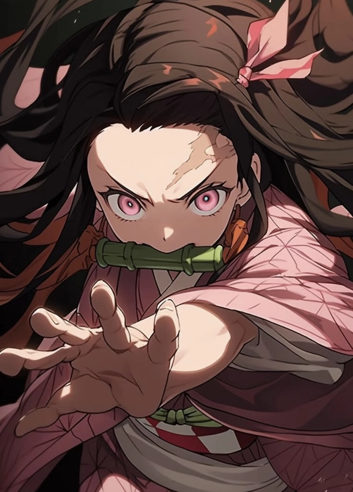 Bức hình anime Nezuko đứng ngoài trời ánh sáng nhẹ