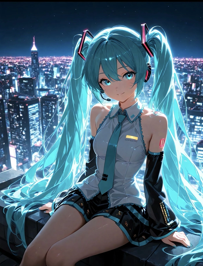 Dáng anime miku đứng yên trong nền sáng