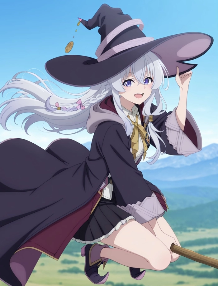 Hình ảnh anime elaina với trang phục phù thủy quen thuộc