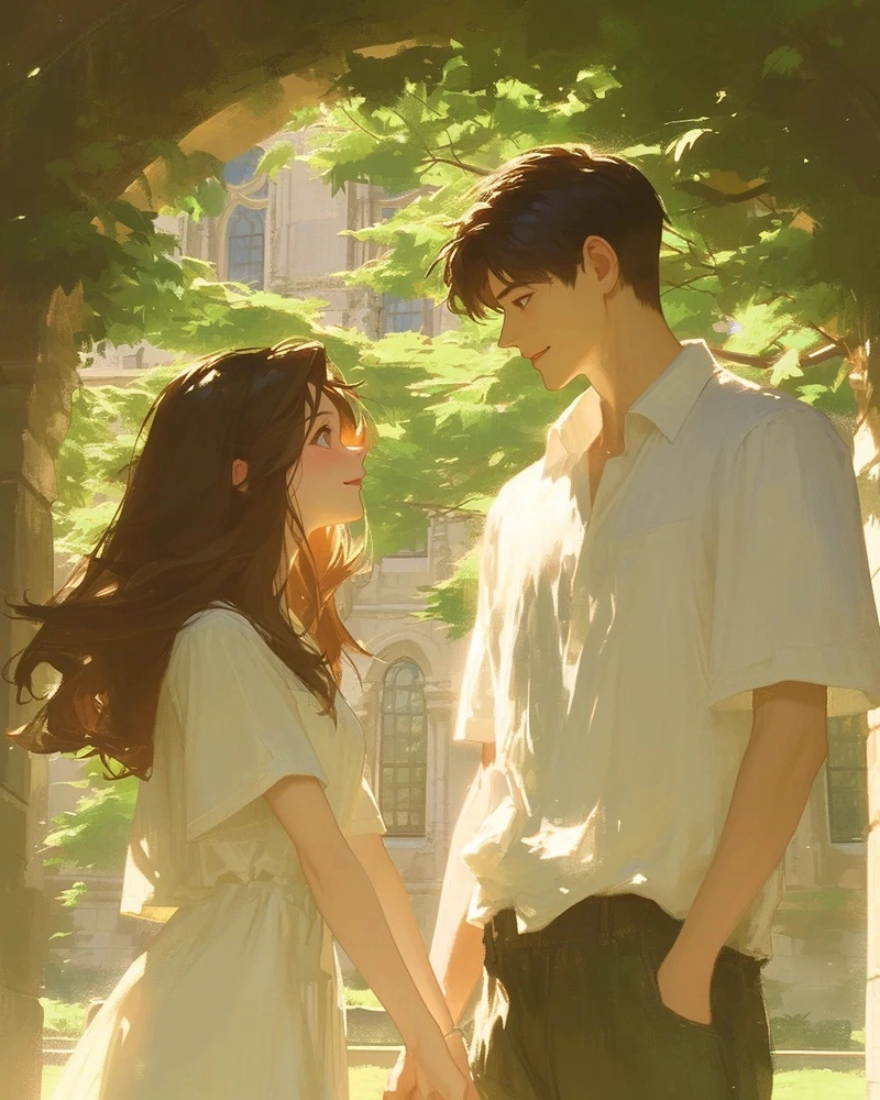 Hình anime cặp đôi nắm tay với biểu đạt nhẹ nhàng
