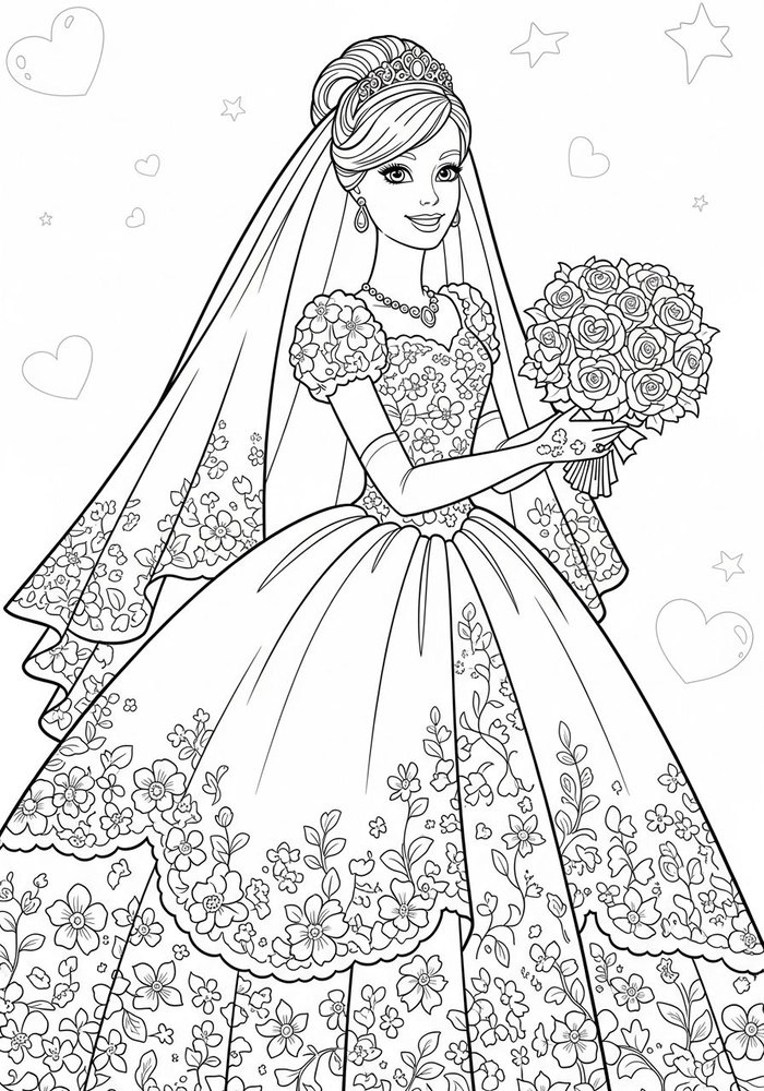 Hình vẽ tô màu nàng barbie biểu cảm dịu dàng dễ thương