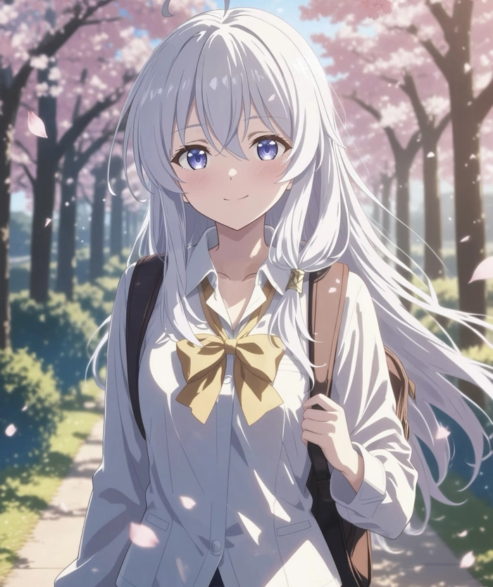 Khung cảnh anime elaina đứng giữa nền sáng