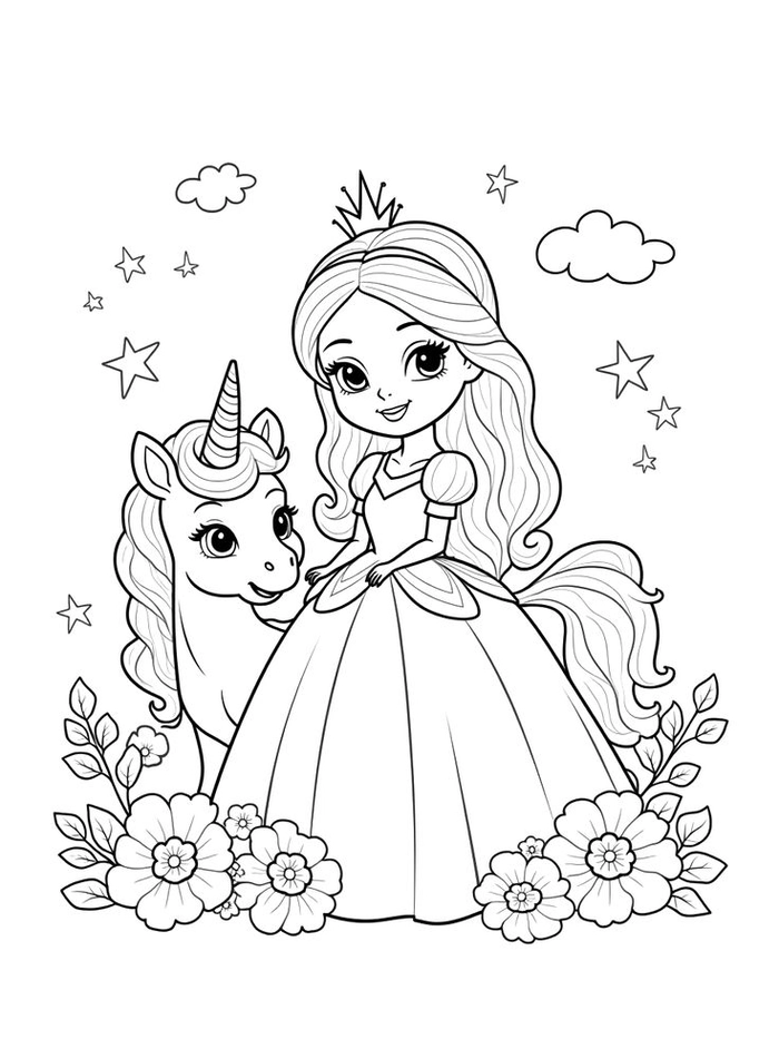Tranh tô màu công chúa cho bé bố cục cân đối