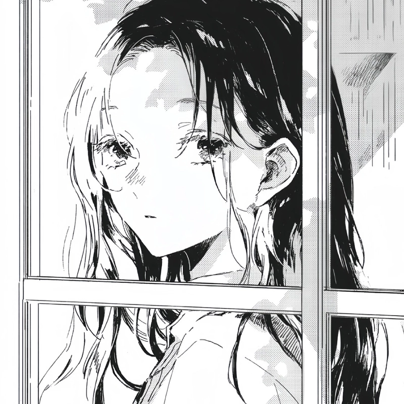 Ảnh anime nữ trắng đen đôi mắt sáng giữa nền đen trắng