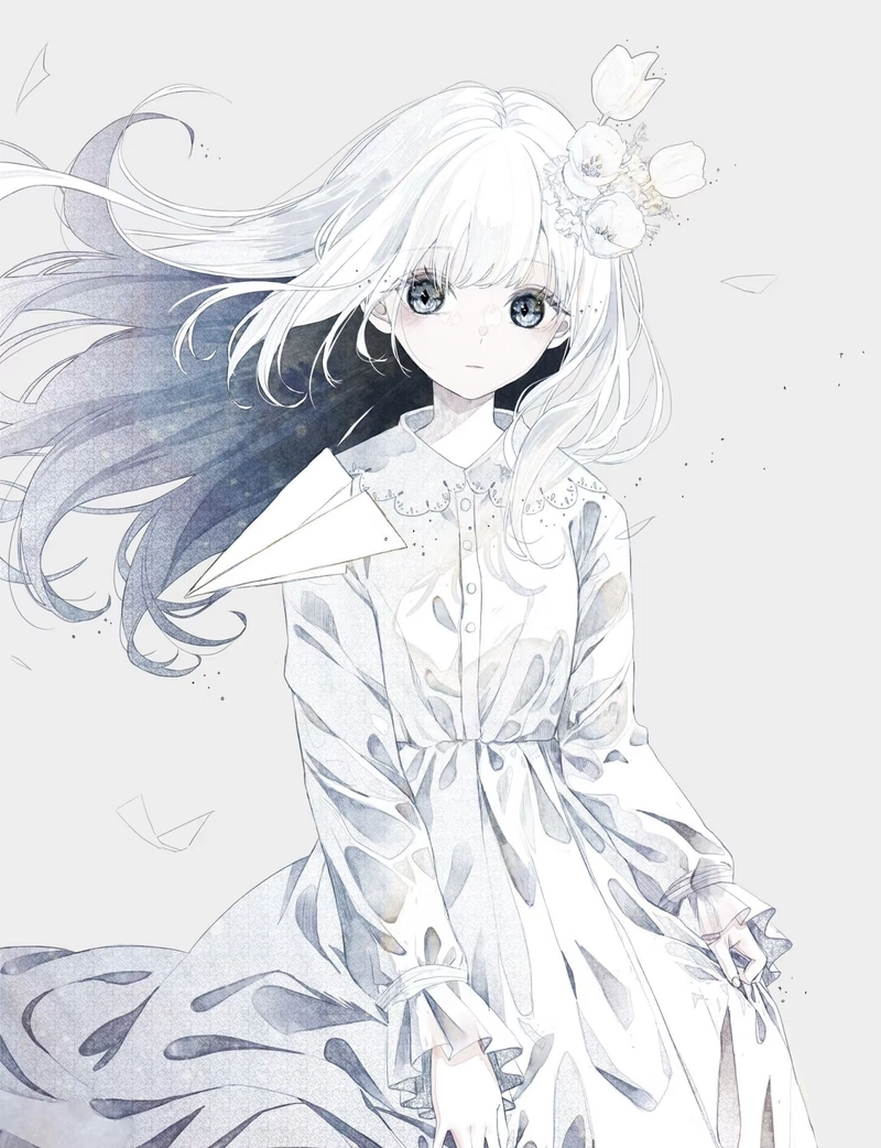 Anime girl tóc trắng tạo dáng đơn giản rất dễ nhìn