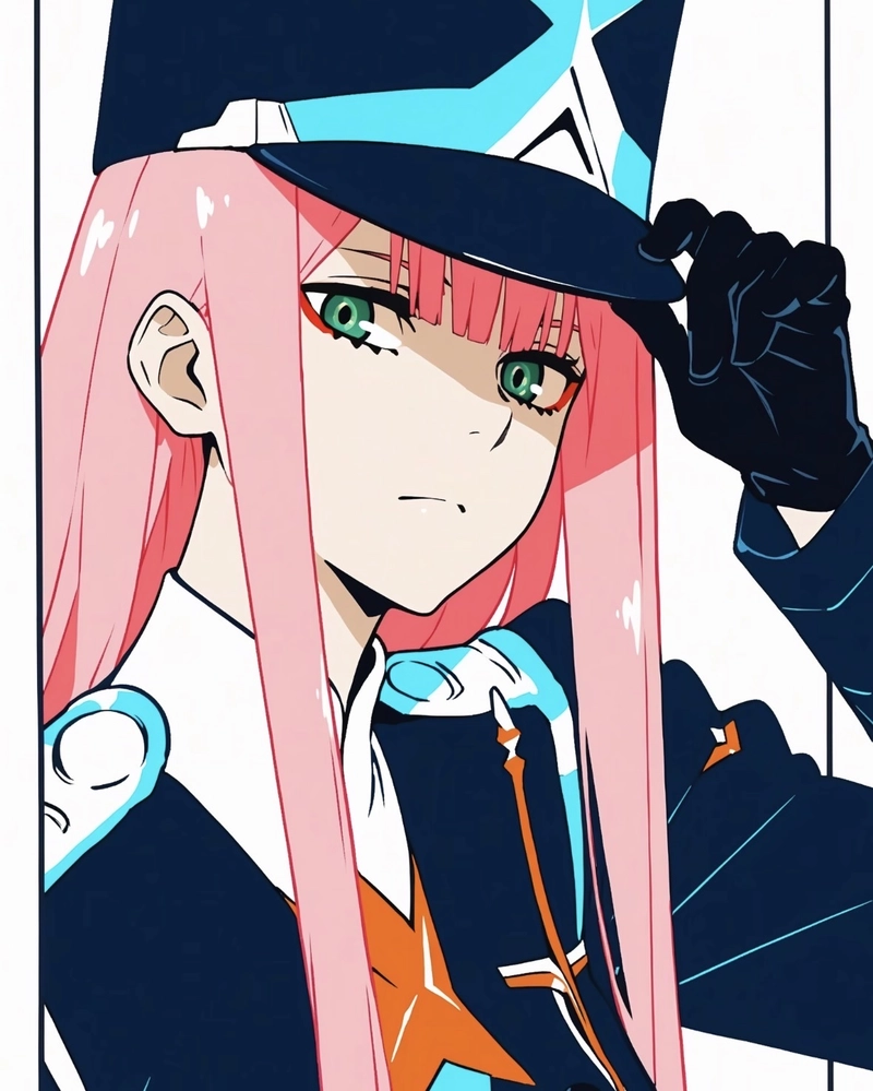 Hình Zero Two trong bộ đồng phục anime quen thuộc