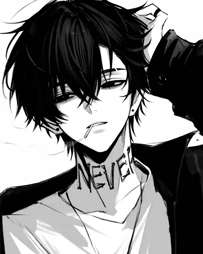 Hình anime nam trắng đen mang ánh mắt đầy bí hiểm