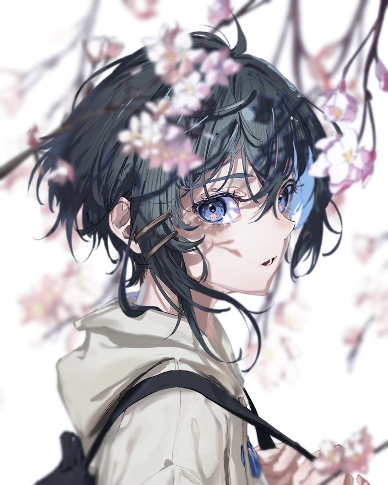 Hình anime nữ tóc ngắn tóc đen ngang vai dịu dàng