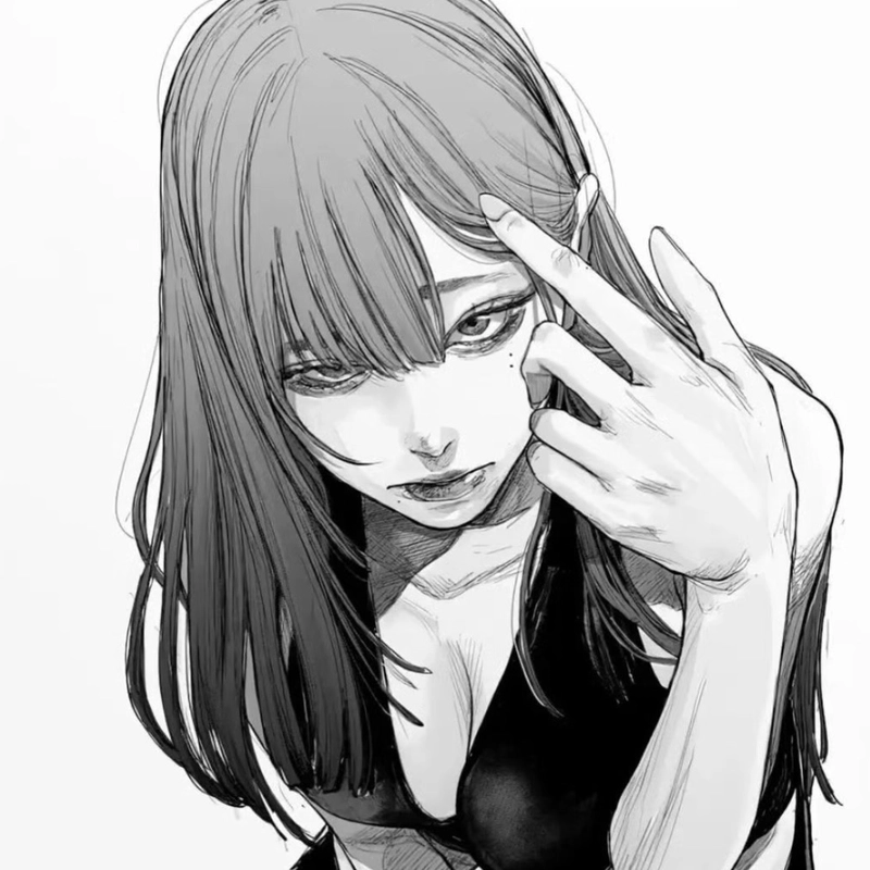 Hình anime nữ trắng đen ánh mắt vô hồn giữa nền trắng