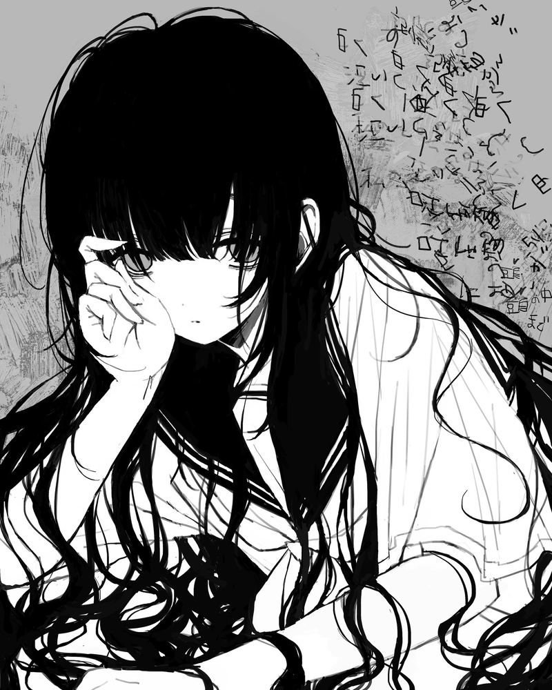 Hình anime nữ trắng đen tạo cảm giác lạnh giữa màn đêm